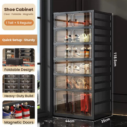 Foldable magnetic shoe cabinet black 6 tiers 118.5 cm