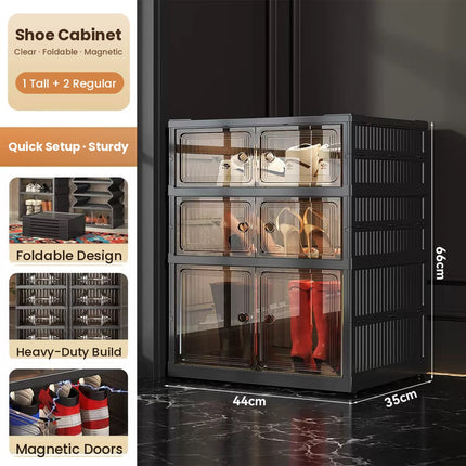 Foldable magnetic shoe cabinet black 3 tiers 66 cm
