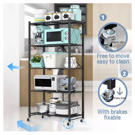 Multi Tier Heavy Duty Foldable Kitchen Storage Rack with Wheels