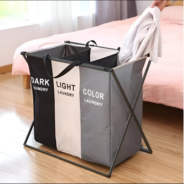 Three Compartments Clothes Sorting Collapsible Laundry Basket with Carry Handle